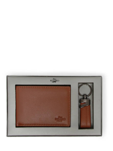 Gift Box Leather Wallet And Keychain Yves renard Brown foulonne 2377X